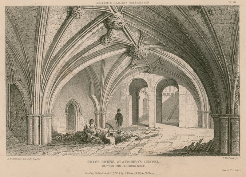 Cripta sob a capela de St Stephen, o Palácio de Westminster de R. W. Billings