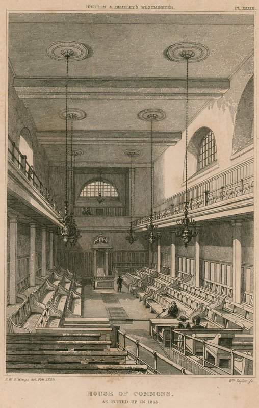 Câmara dos Comuns, Westminster, Londres, como montado em 1835 de R. W. Billings
