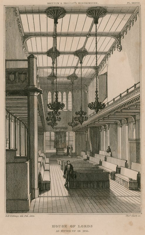 Câmara dos Lordes, Westminster, Londres, como montado em 1835 de R. W. Billings