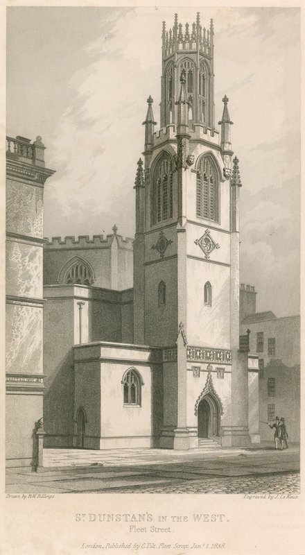 St Dunstan está no oeste; Igreja de St Dunstan, Fleet Street, Londres de R. W. Billings
