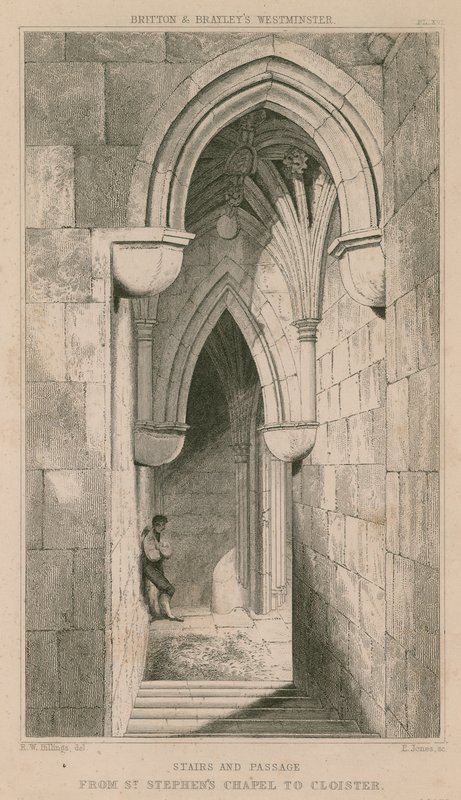Escadas e passagem da capela de St Stephen para o claustro de R. W. Billings