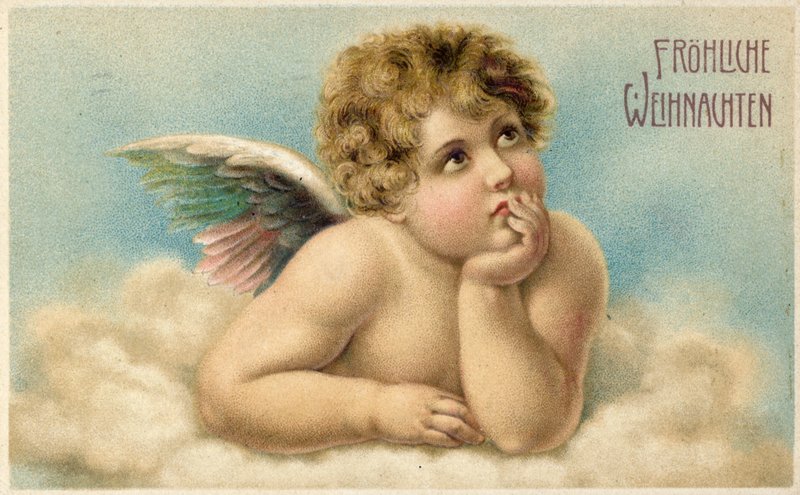 Cartão de Natal alemão com o querubim de Raphael de Raffaello Sanzio Raphael