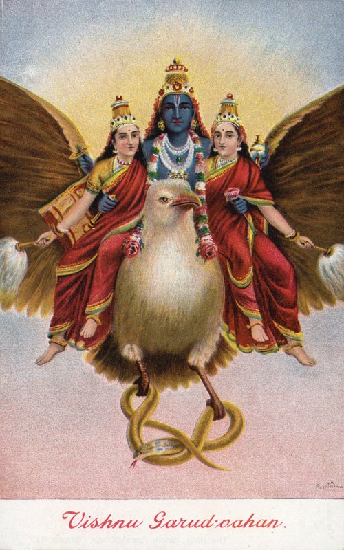 O deus hindu Vishnu, montado em seu veículo Garuda de Raja Ravi Varma
