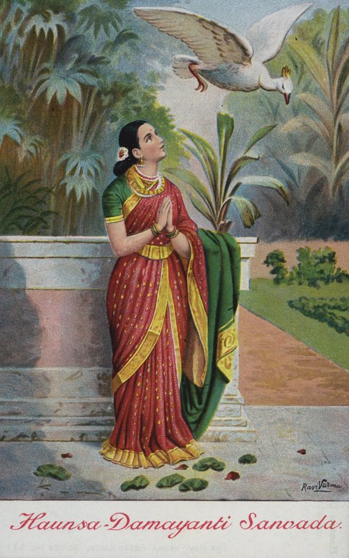 O pássaro Haunsa exaltando as virtudes do rei Nala para Damayanti em seu jardim de Raja Ravi Varma