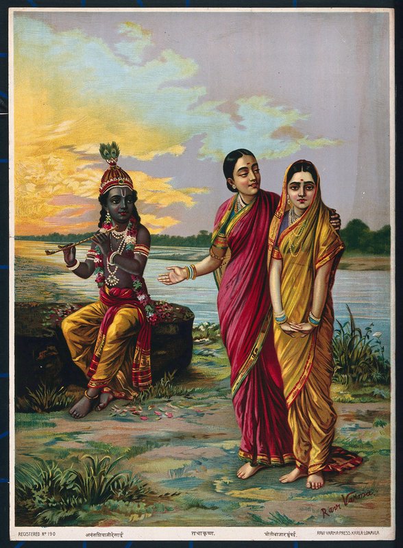 Krishna declarando seu amor por Radha através de um confidente, depois de 1900 (lito colorido) de Raja Ravi Varma