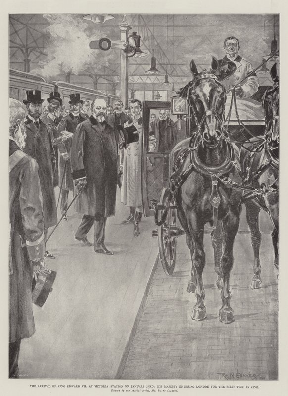 A chegada do Rei Eduardo VII na Estação Victoria em 23 de janeiro, Sua Majestade entrando em Londres pela primeira vez como rei de Ralph Cleaver