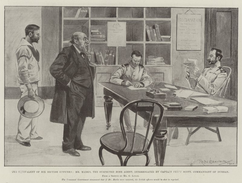 O equivalente de seis oficiais britânicos, o Sr. Marks, o suspeito Boer Agent, interrogado pelo capitão Percy Scott, comandante de Durban de Ralph Cleaver