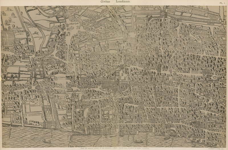 Civitas Londinium, da pesquisa original na Biblioteca Guildhall, do reinado da rainha Elizabeth de Ralph Agas