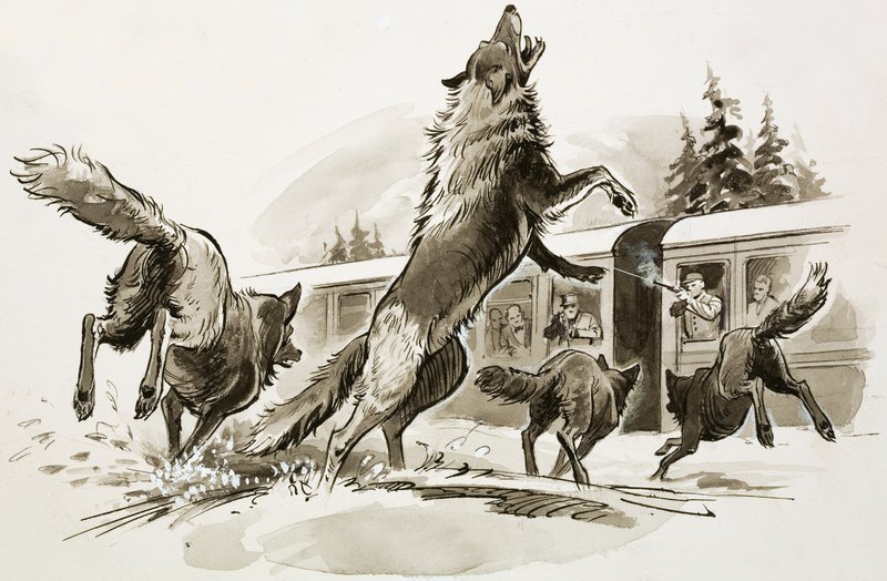 Passageiros de um comboio nevado lutam contra lobos esfomeados (guache sobre papel) de Ralph Bruce