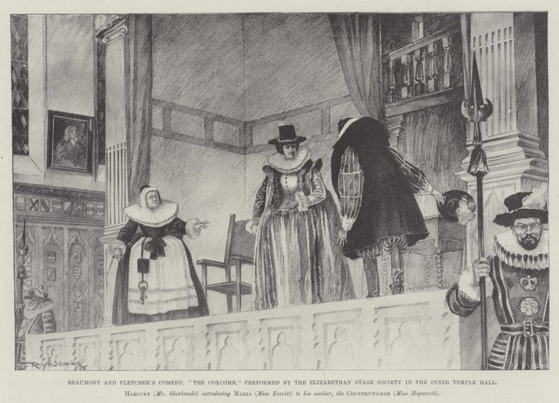 Comédia de Beaumont e Fletcher, The Coxcomb, realizada pela Sociedade de Palco Elisabetano no Inner Temple Hall de Ralph Cleaver