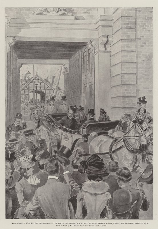 Retorno de Rei Eduardo VII a Osborne após sua proclamação, Sua Majestade saindo de Trinity Wharf, Cowes, por Osborne, 24 de janeiro de Ralph Cleaver
