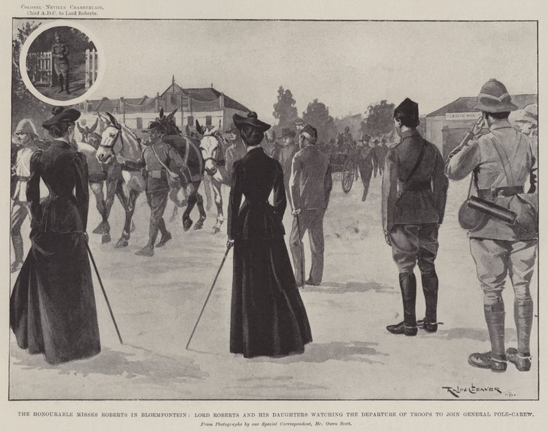 O Honorável Senhorita Roberts em Bloemfontein, Lord Roberts e suas Filhas assistindo a partida das tropas para se juntar ao General Pole-Carew de Ralph Cleaver