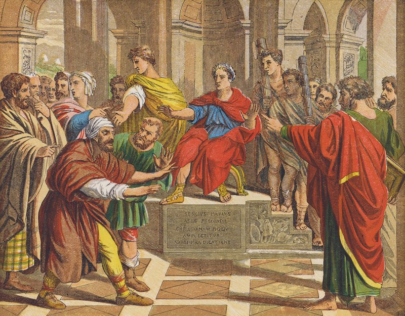 Elymas, o feiticeiro, cego diante de Sergius Paulus (litografia a cores) de Raphael (1483 1520) (after)