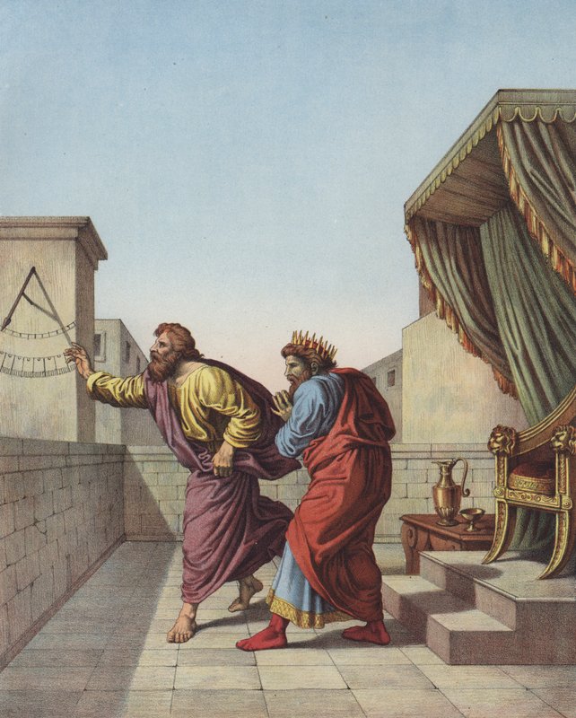 Isaías informando o rei Ezequias de Judá que ele viverá mais quinze anos (cor litho) de after Raphael