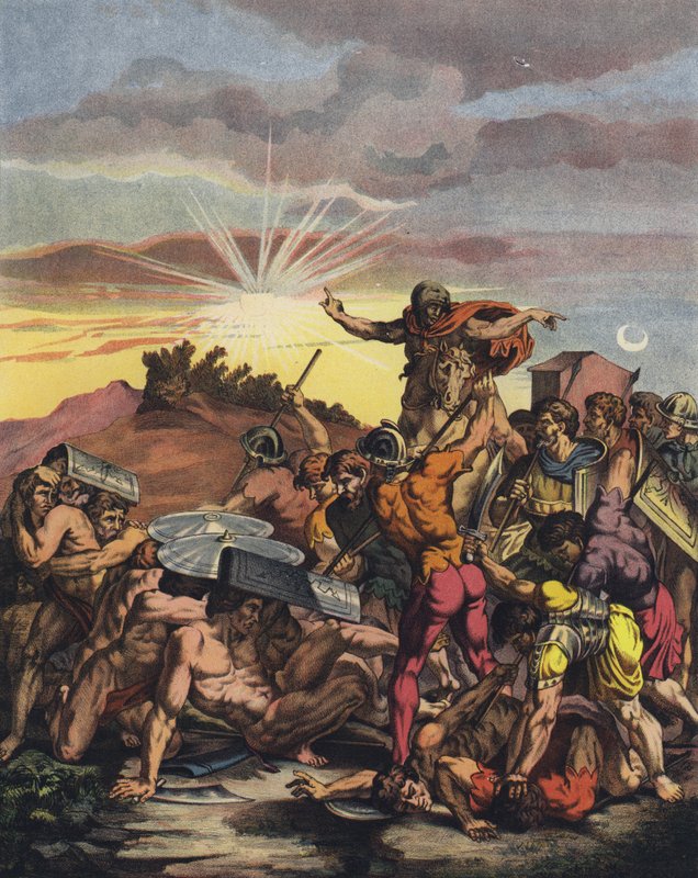 Josué ordenando ao Sol para ficar parado na Batalha de Gibeon durante a conquista de Canaã pelos israelitas (cor litho) de after Raphael