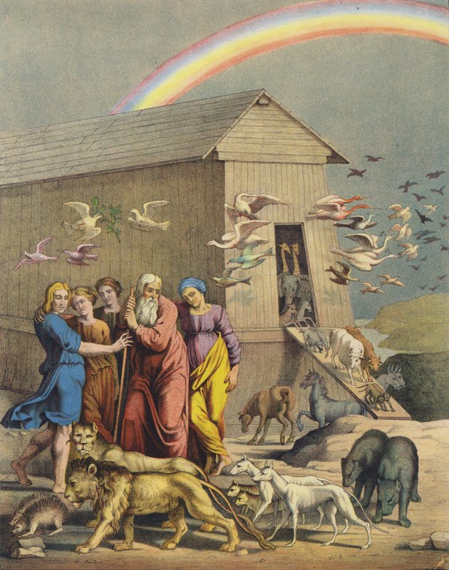 Noé, a sua família e os animais que emergem da Arca depois de sobreviverem à inundação (cor litho) de after Raphael