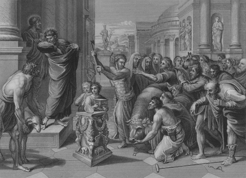 Paulo e Barnabé em Lystra, Atos 14, Verso 8-19 (gravura) de after Raphael
