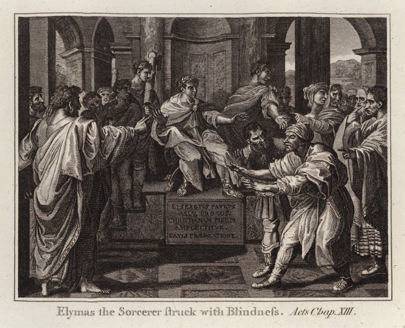 Desenho animado do Raphael: Elymas the Sorcerer Struck with Blindness, Atos, Cap XIII (gravura) de after Raphael