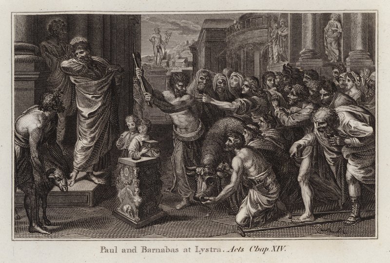 Desenho animado do Raphael: Paulo e Barnabé em Lystra, Atos, cap. XIV (gravura) de after Raphael