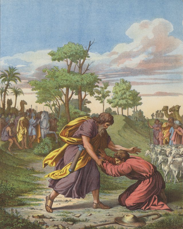 Reconciliação de Jacob e Esaú (cor litho) de after Raphael