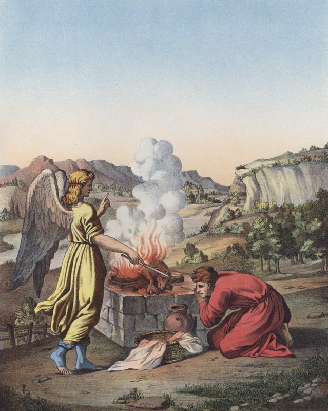 O Anjo aparecendo diante de Gideon (cor litho) de after Raphael