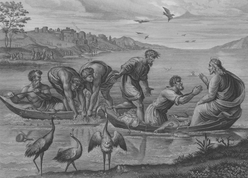 O Milagroso Calado de Peixes, São Lucas 5, Verso 1-12 (gravura) de after Raphael