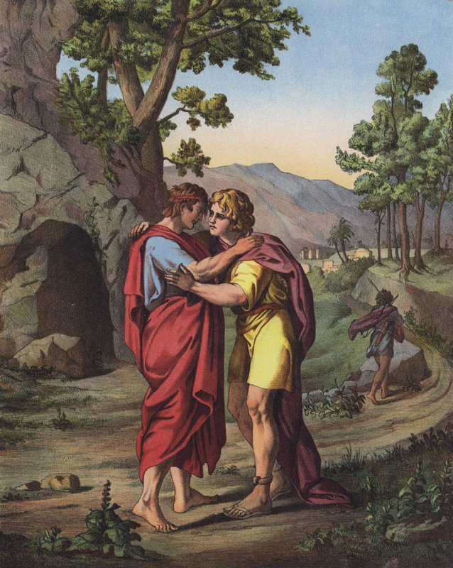 O último encontro de David e Jonathan (cor litho) de after Raphael