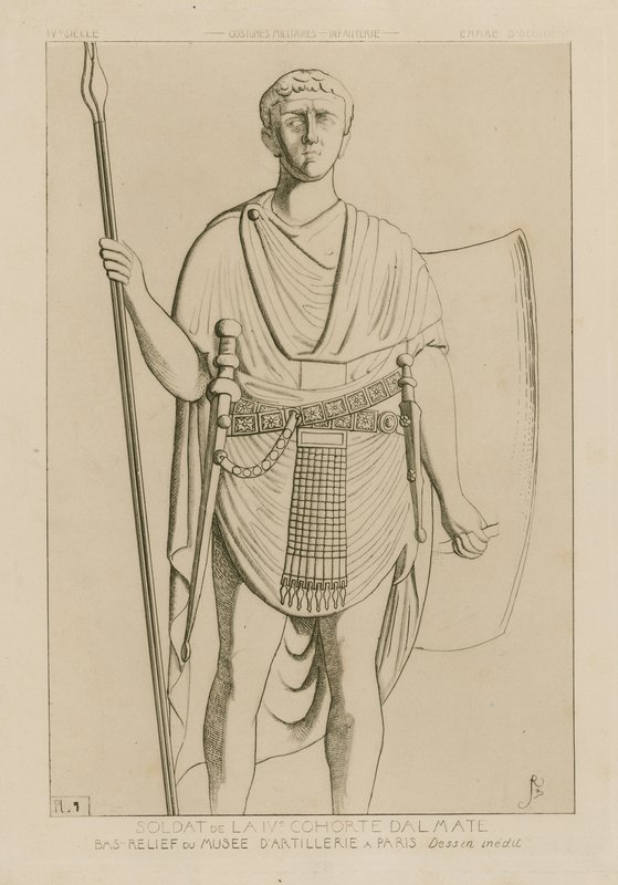 Soldado da quarta coorte dálmata. Baixo Relevo do Museu da Artilharia, em Paris. Desenho original. Trajes militares - infantaria - império ocidental. de Raphael Jacquemin