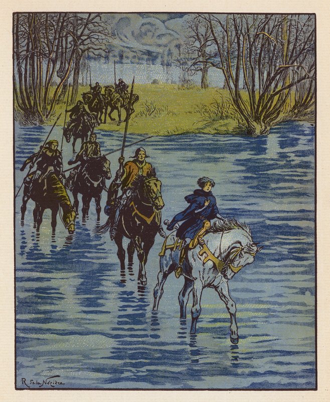 Chevauchee De Jeanne Pour Aller Trouver Charles VII A Chinon (litografia a cores) de Raymond de la Neziere