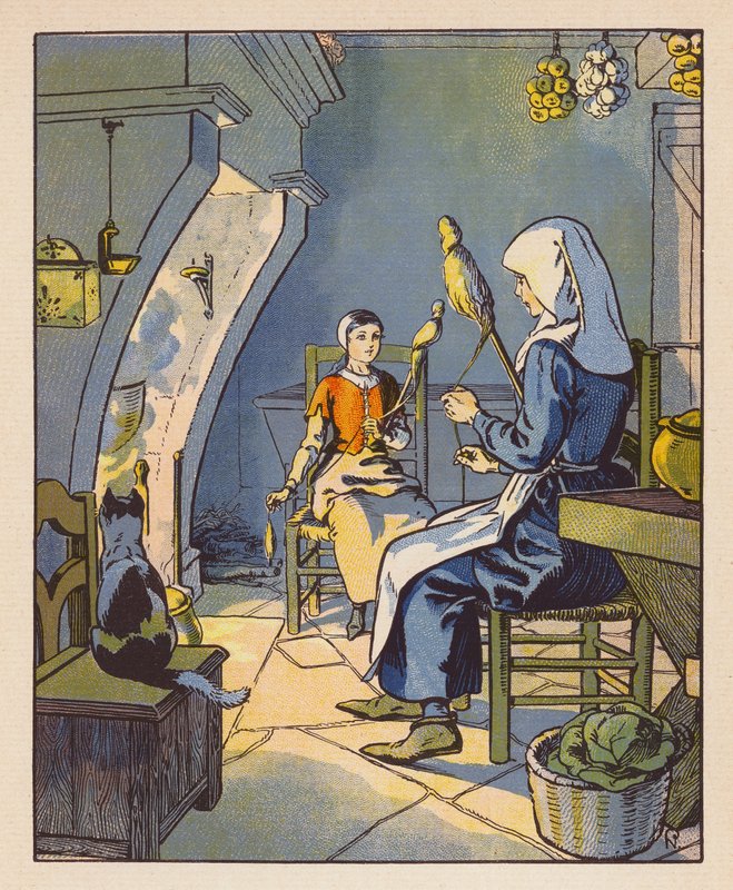 Jeanne A Domremy Avec Sa Mere (litografia a cores) de Raymond de la Neziere