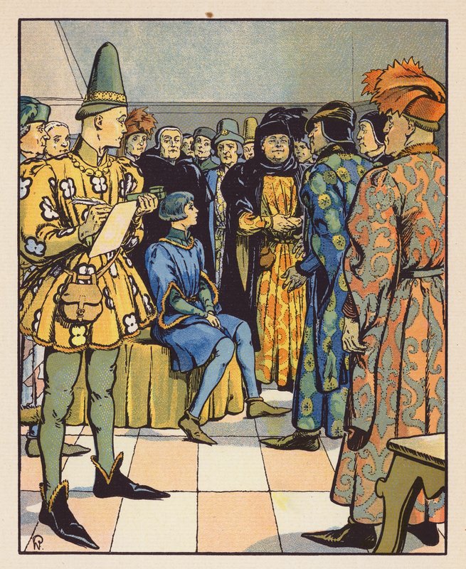 Joana em frente aos Doutores em Teologia de Poitiers (litografia a cores) de Raymond de la Neziere