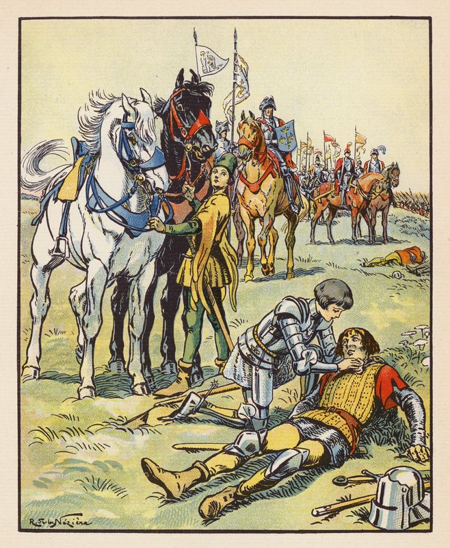 Jeanne cuida de um inglês ferido após a batalha de Patay (litografia a cores) de Raymond de la Neziere