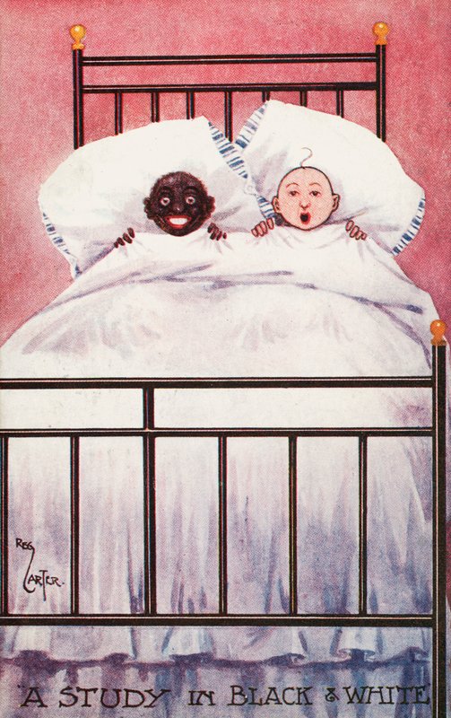 Crianças em preto e branco em uma cama (lito colorido) de Reg Carter