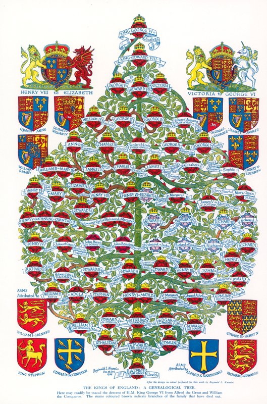 Os reis de Inglaterra, uma árvore genealógica (litografia a cores) de Reginald & Horace (1884 1954) Knowles