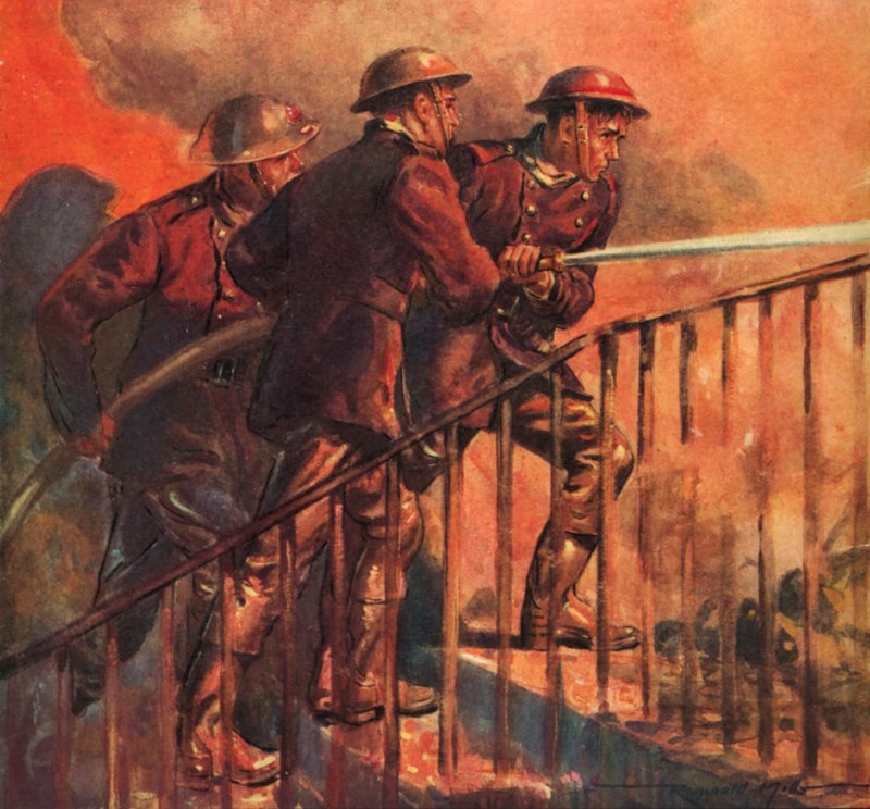 Bombeiros britânicos do Serviço Nacional de Bombeiros do tempo de guerra a combater um incêndio durante a Blitz, Segunda Guerra Mundial de Reginald Mills