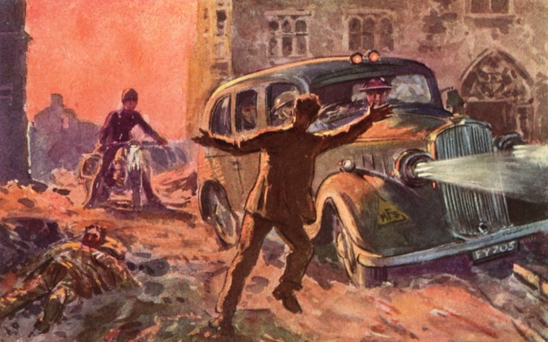 Bombeiros do Serviço Nacional Britânico de Bombeiros em tempo de guerra são alertados para a presença de uma vítima gravemente ferida de um ataque aéreo, a Segunda Guerra Mundial de Reginald Mills