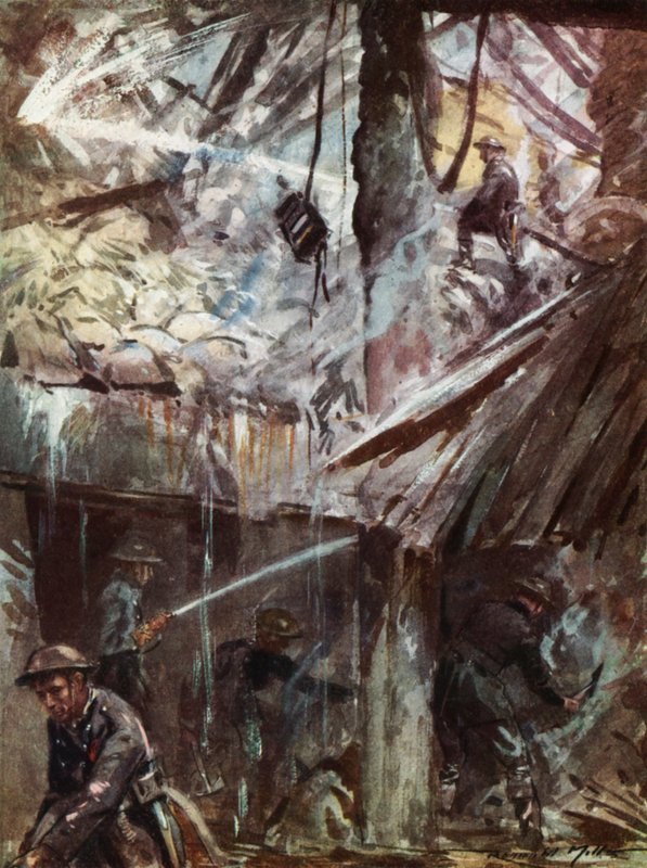 Bombeiros do Serviço Nacional Britânico de Bombeiros em tempo de guerra amortecem após um ataque aéreo durante a Blitz, Segunda Guerra Mundial de Reginald Mills