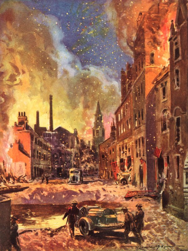Bombeiros do Serviço Nacional Britânico de Bombeiros em tempo de guerra inspeccionam uma grande cratera de bombas durante a Blitz, Segunda Guerra Mundial de Reginald Mills