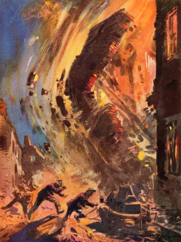 Bombeiros do Serviço Nacional Britânico de Bombeiros em tempo de guerra a fugir de um edifício em colapso durante a Blitz, Segunda Guerra Mundial de Reginald Mills