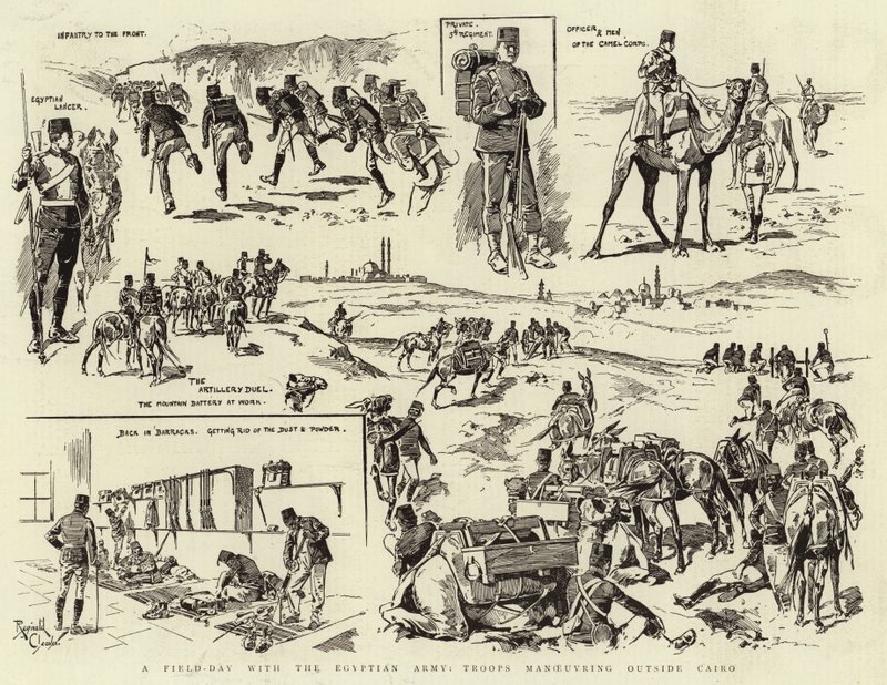 Um dia de campo com o exército egípcio, tropas em manobras nos arredores do Cairo (gravura) de Reginald Thomas Cleaver