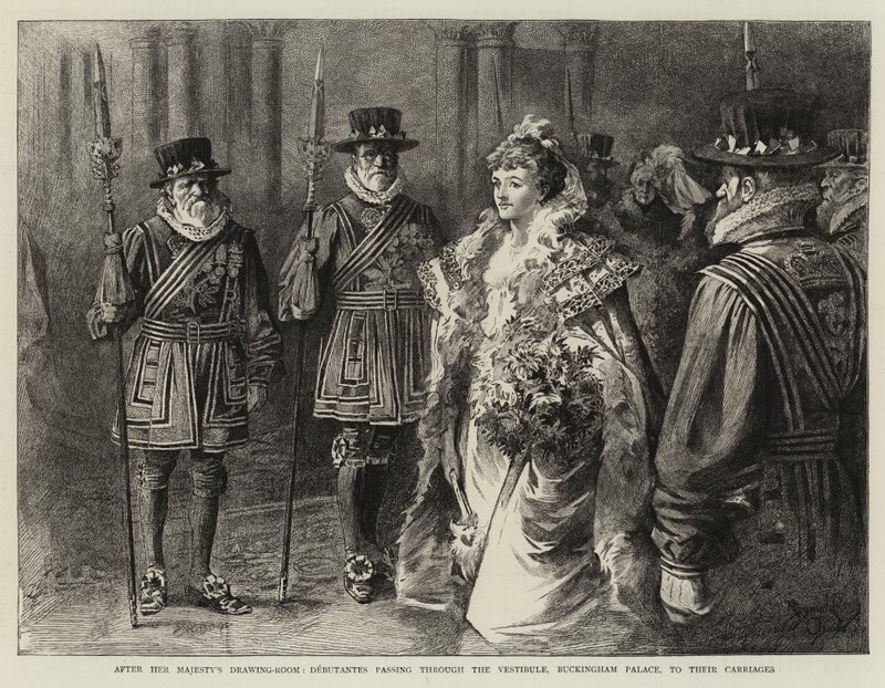 Depois da Sala de Desenho de Sua Majestade, Debutantes passando pelo Vestíbulo, Palácio de Buckingham, para as suas Carruagens (gravura) de Reginald Thomas Cleaver