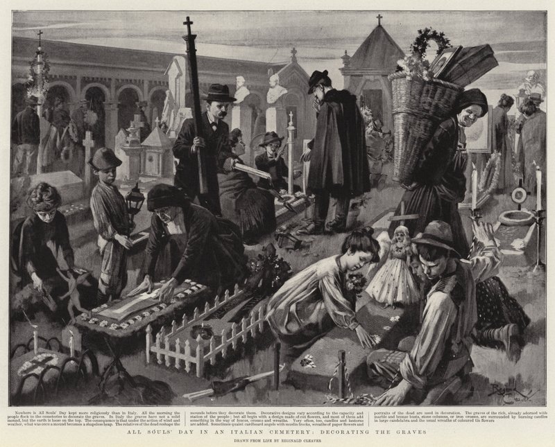 Dia de Todos os Santos num cemitério italiano, decoração das campas (litografia) de Reginald Thomas Cleaver