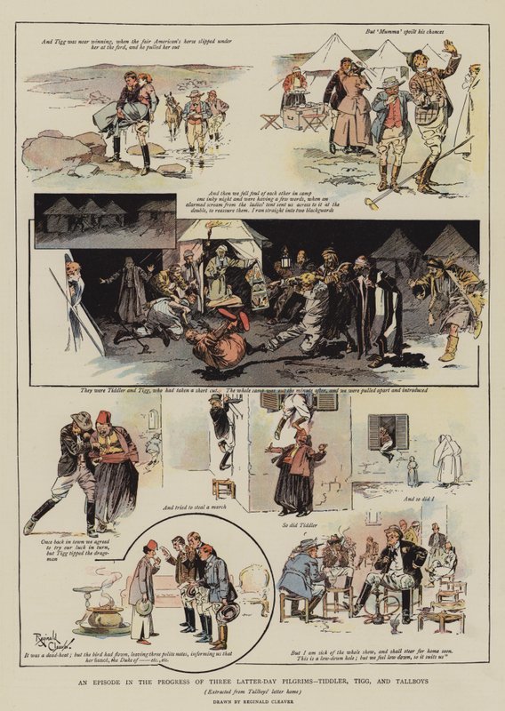 Um episódio no progresso de três peregrinos dos últimos dias, Tiddler, Tigg e Tallboys (cromolitho) de Reginald Thomas Cleaver