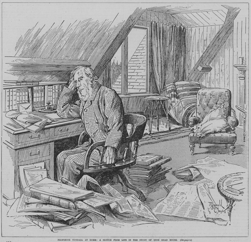 O físico inglês John Tyndall no escritório da sua casa, Hindhead House, Haslemere, Surrey (gravura) de Reginald Thomas Cleaver