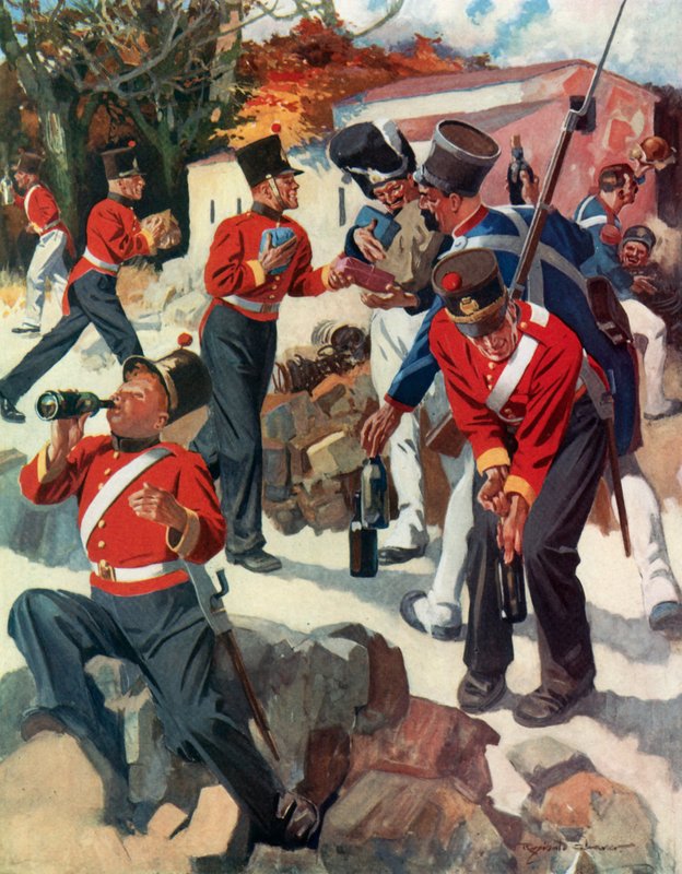 Entente Cordiale - tropas inglesas e francesas partilham presentes durante a campanha de Wellington na Península (litografia a cores) de Reginald Thomas Cleaver