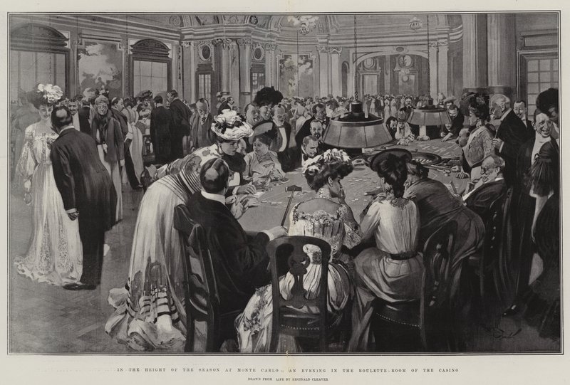No auge da temporada em Monte Carlo, uma noite na sala de roleta do casino (litografia) de Reginald Thomas Cleaver