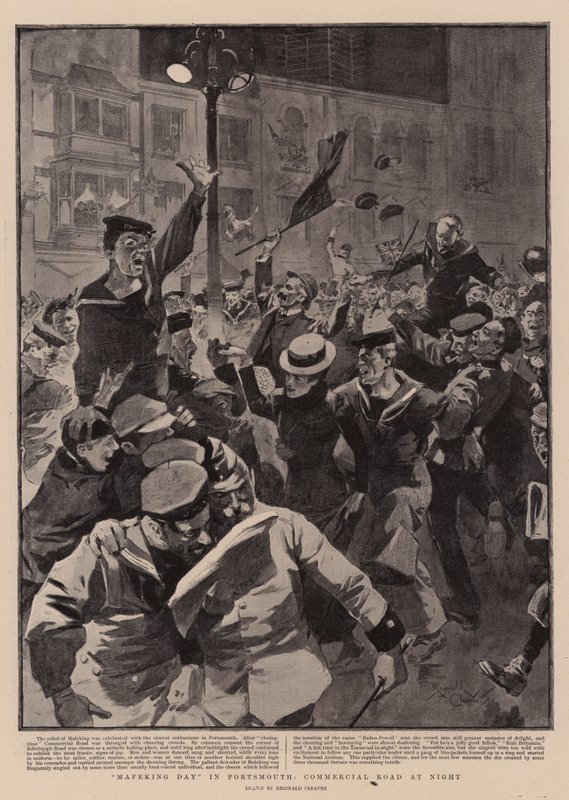 "Mafeking Day" em Portsmouth, Commercial Road à noite (litografia) de Reginald Thomas Cleaver