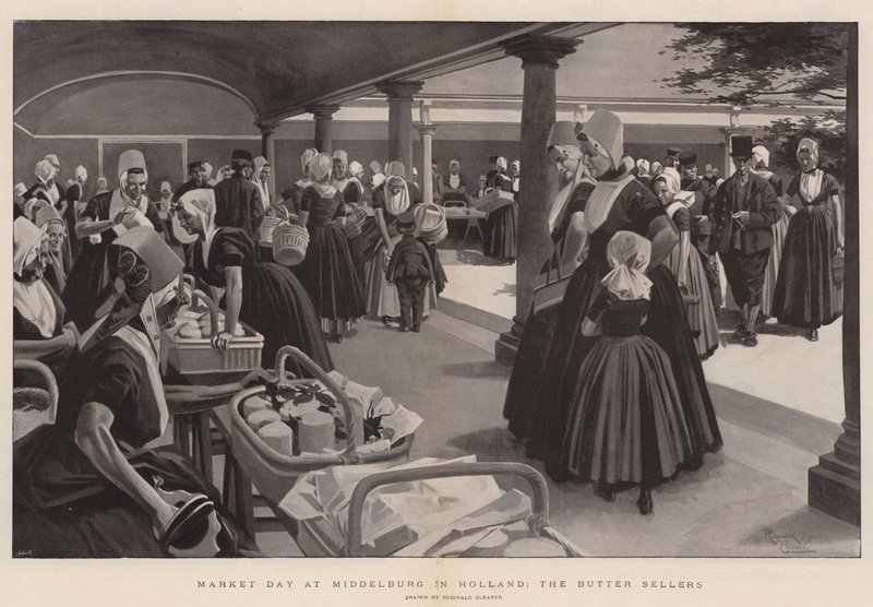 Dia de mercado em Middelburg, na Holanda, os vendedores de manteiga (litografia) de Reginald Thomas Cleaver