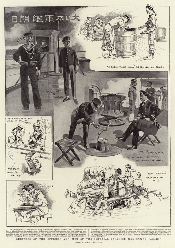 Esboços dos oficiais e homens do navio de guerra imperial japonês "Asahi" (litografia) de Reginald Thomas Cleaver