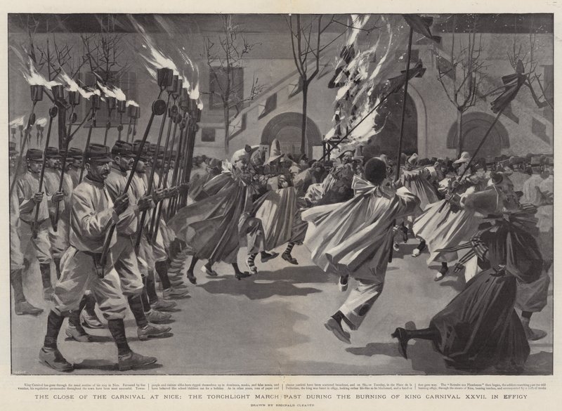 Encerramento do Carnaval de Nice, passagem da marcha das tochas durante a queima do Rei Carnaval XXVII em efígie (gravura) de Reginald Thomas Cleaver
